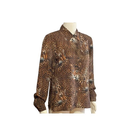 1980s GIANNI Big Cat Leopard Head & Print Rayon Long Sleeve Button Blouse Sz 12 - Picture 5 of 8